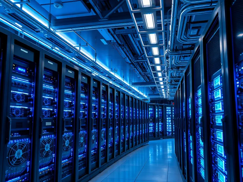 A professional technical photograph of a modern server room
