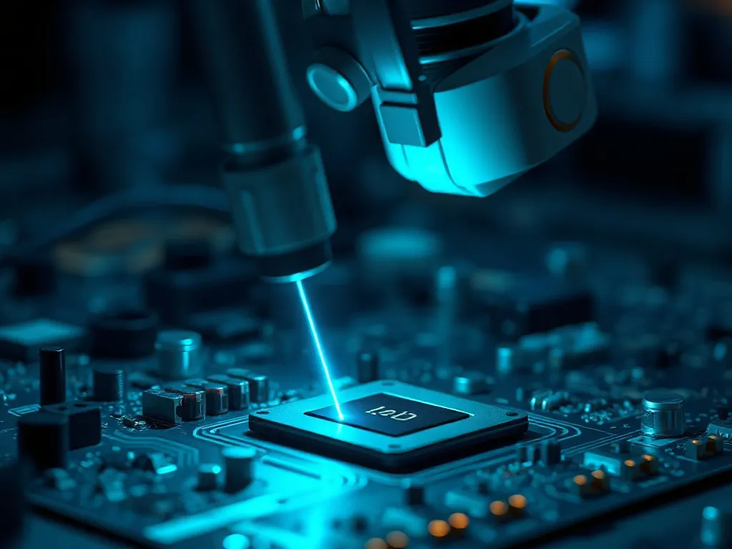 A high-tech industrial robotic arm inspecting a circuit boar