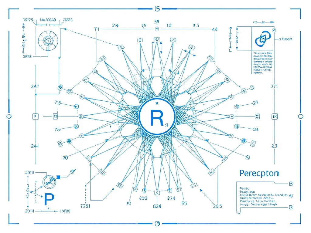 Technical schematic of a 1950s neural network perceptron, vi